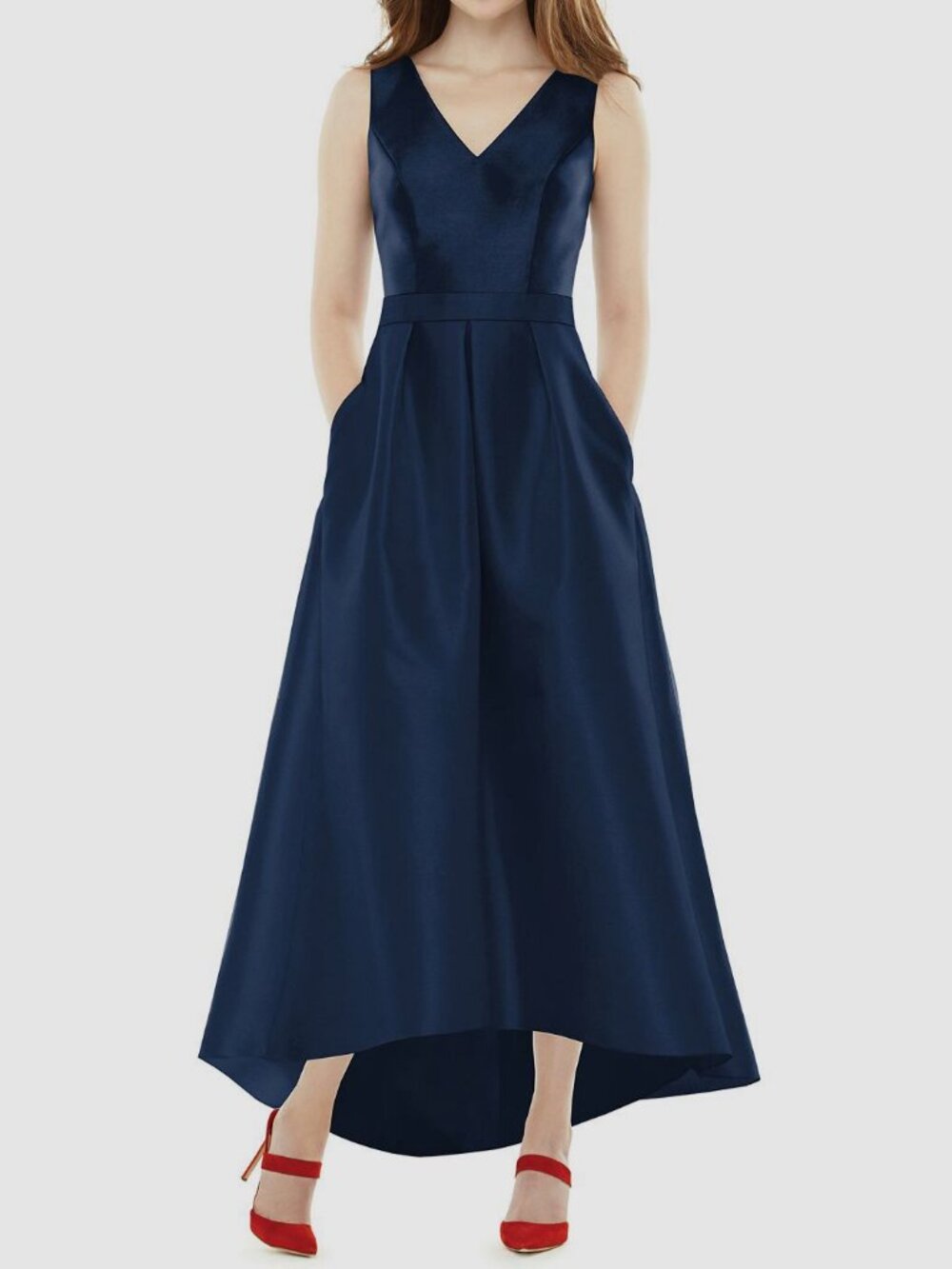 Alfred Sung Women's Blue Satin V-Neck Sleeveless Belted Gown Dress Size 6